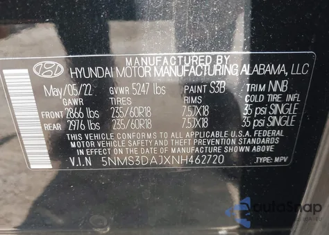 2022 Hyundai Santa Fe Sel из США, поврежденный, VIN 5NMS3DAJXNH462720